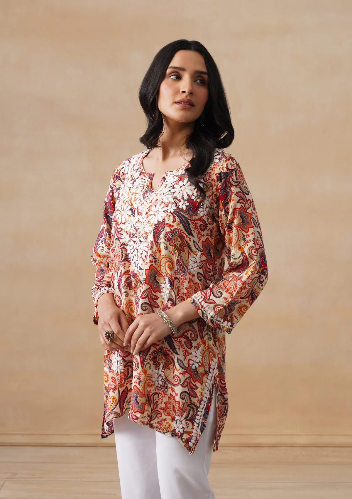 HOC Rayon Chikankari Printed Women's Short Kurta - Off white - Image 4