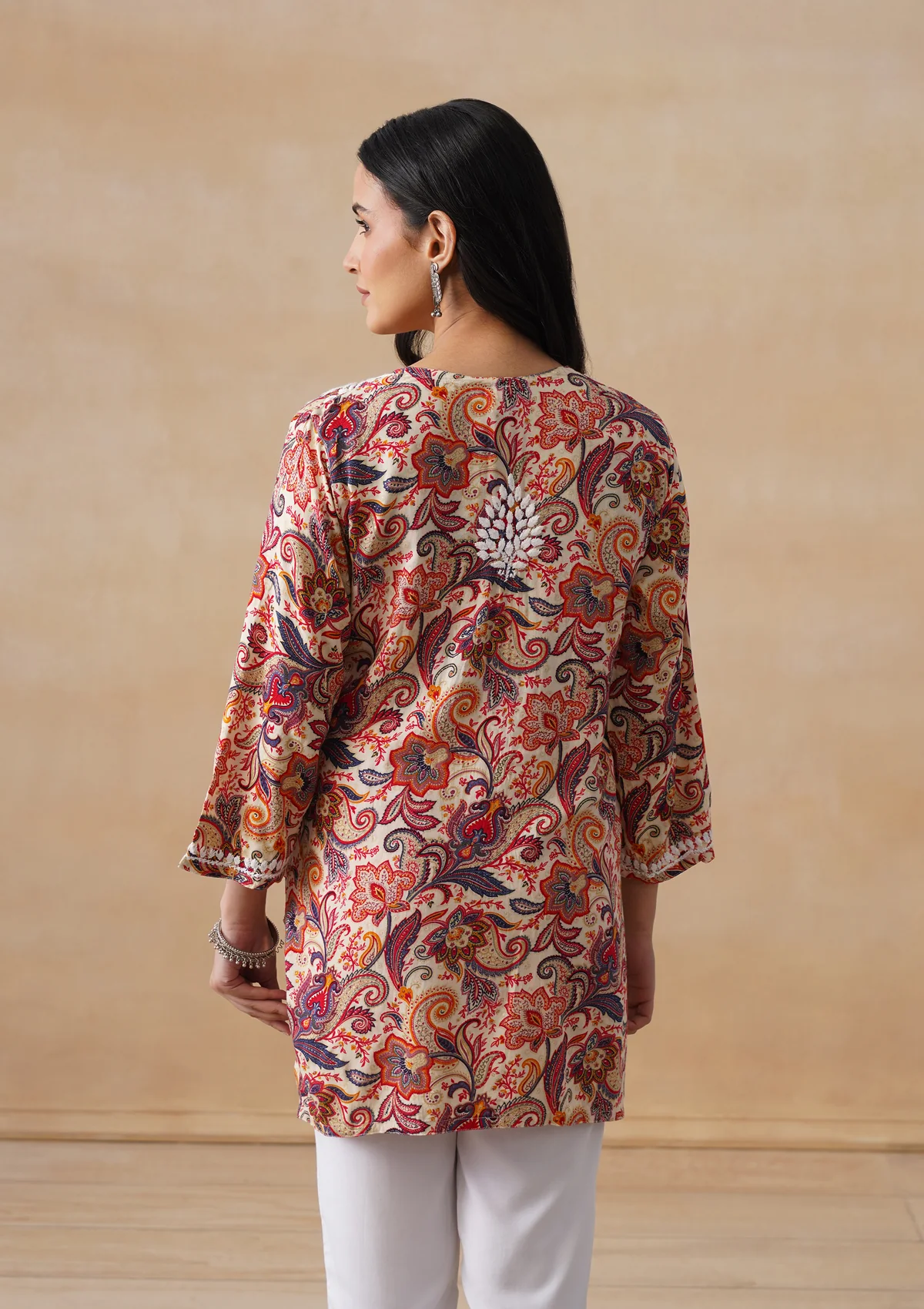 HOC Rayon Chikankari Printed Women's Short Kurta - Off white - Image 8