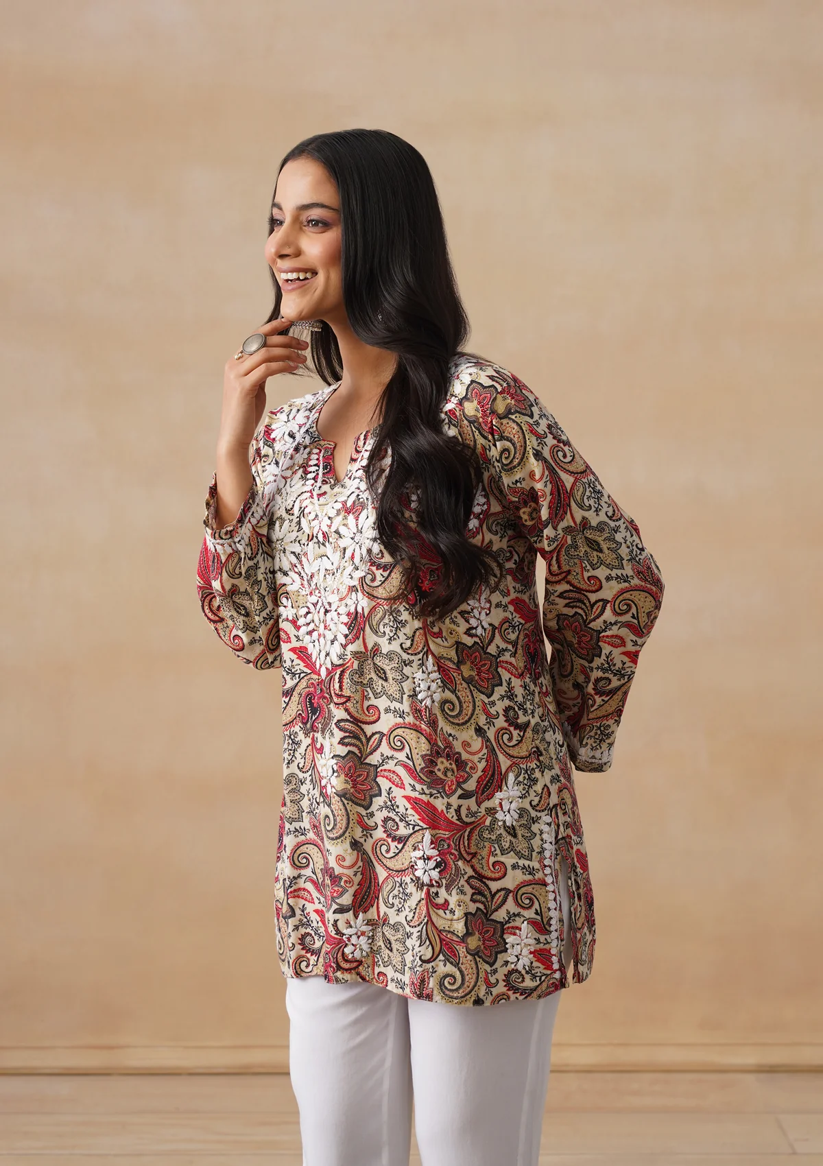 HOC Rayon Chikankari Printed Women's Short Kurta - Off white - Image 2