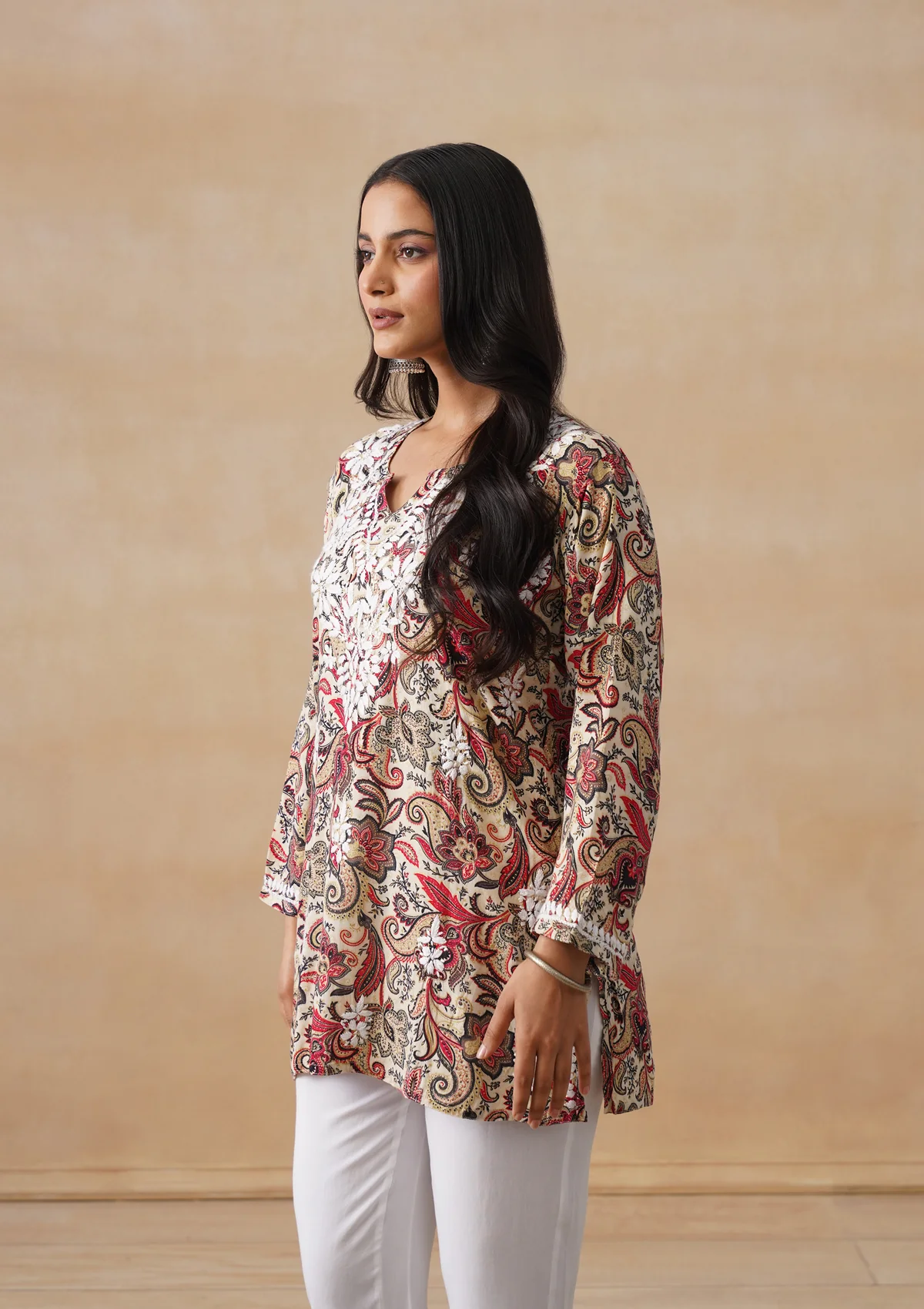 HOC Rayon Chikankari Printed Women's Short Kurta - Off white - Image 4