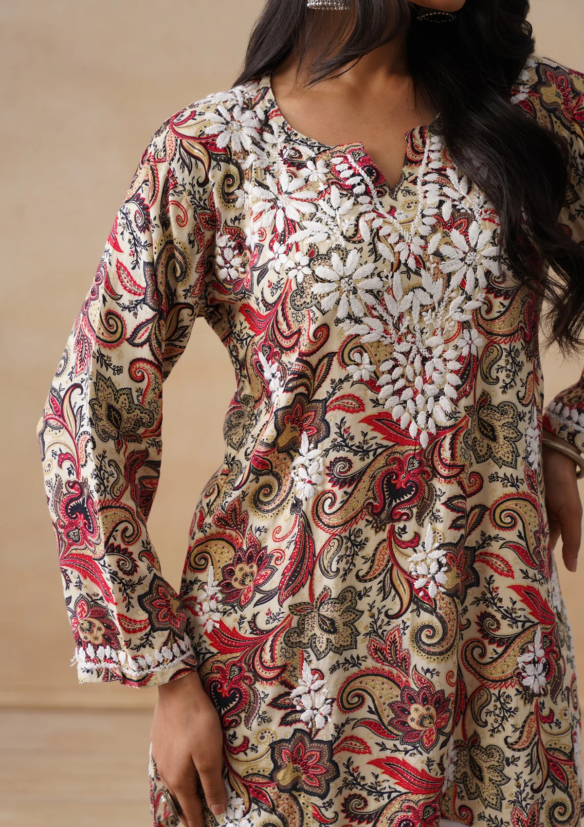 HOC Rayon Chikankari Printed Women's Short Kurta - Off white - Image 6