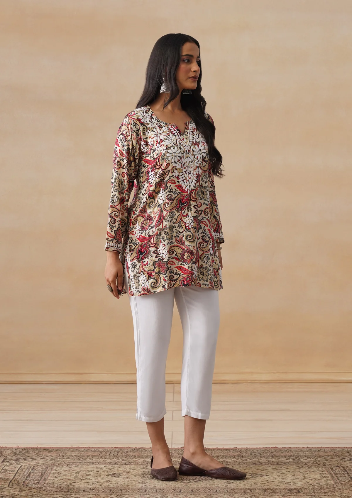 HOC Rayon Chikankari Printed Women's Short Kurta - Off white - Image 7