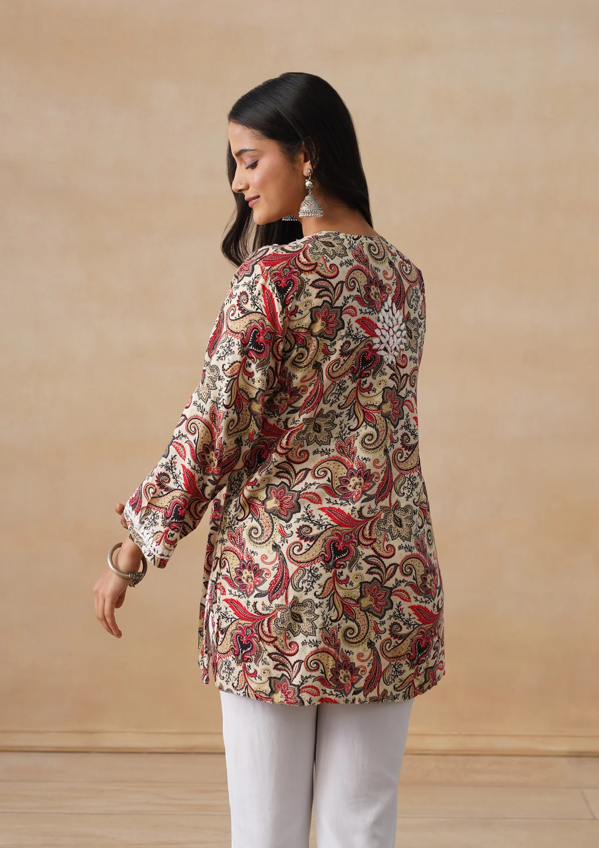HOC Rayon Chikankari Printed Women's Short Kurta - Off white - Image 8
