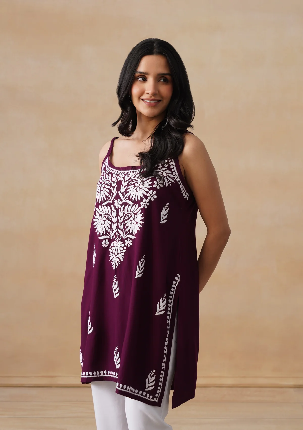 HOC Rayon Chikankari Solid Women's Short Kurta - Wine - Image 3