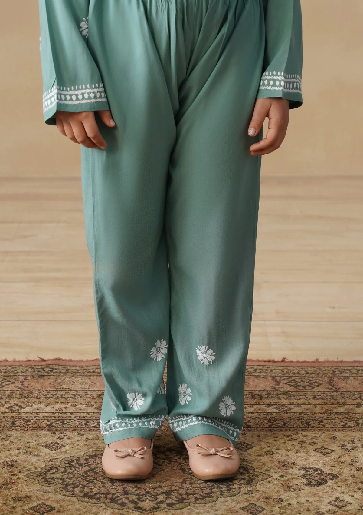 HOC Rayon Chikankari Solid Girls 3 PC Long Kurta Set - Sage Green - Image 11