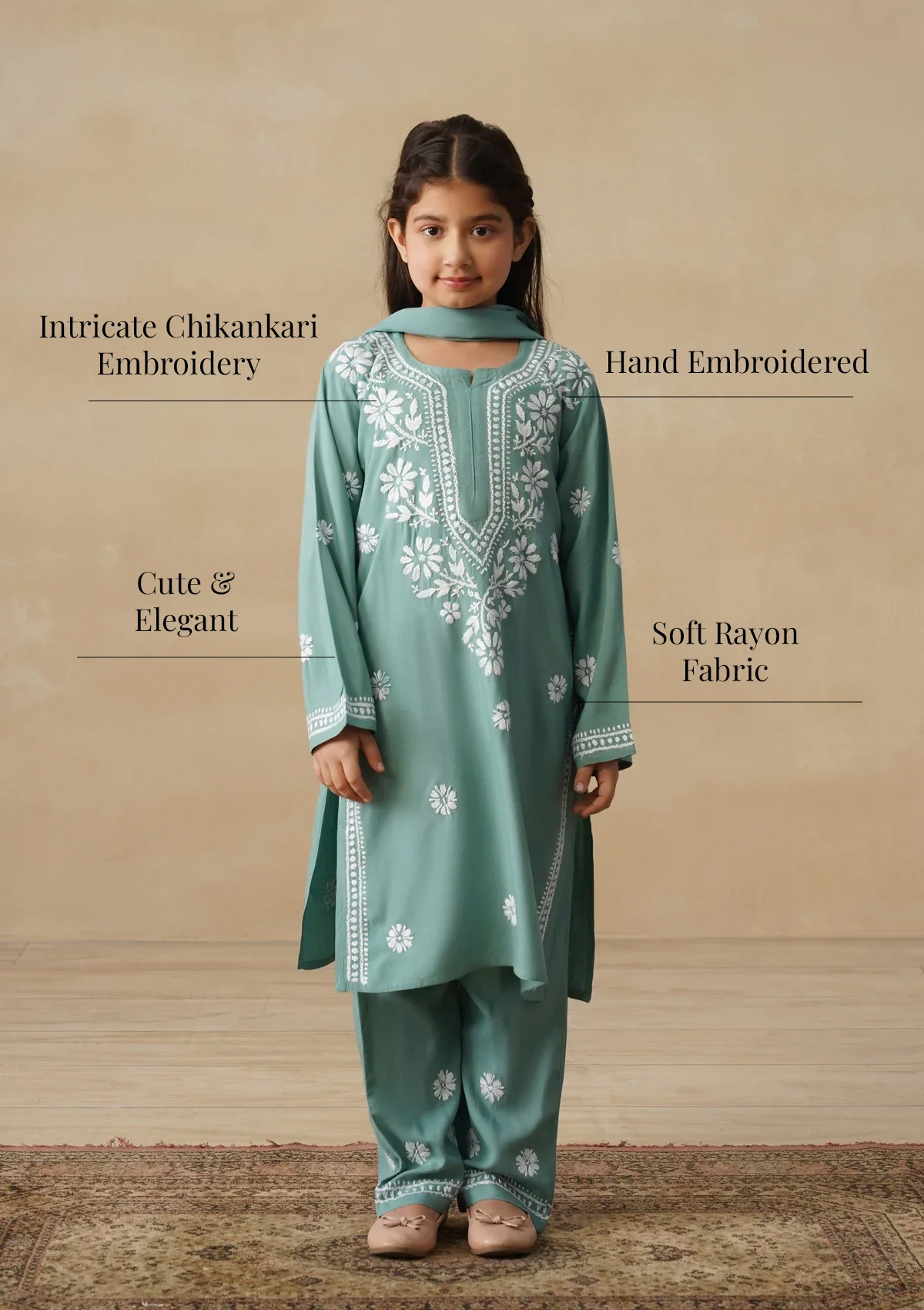 HOC Rayon Chikankari Solid Girls 3 PC Long Kurta Set - Sage Green - Image 12