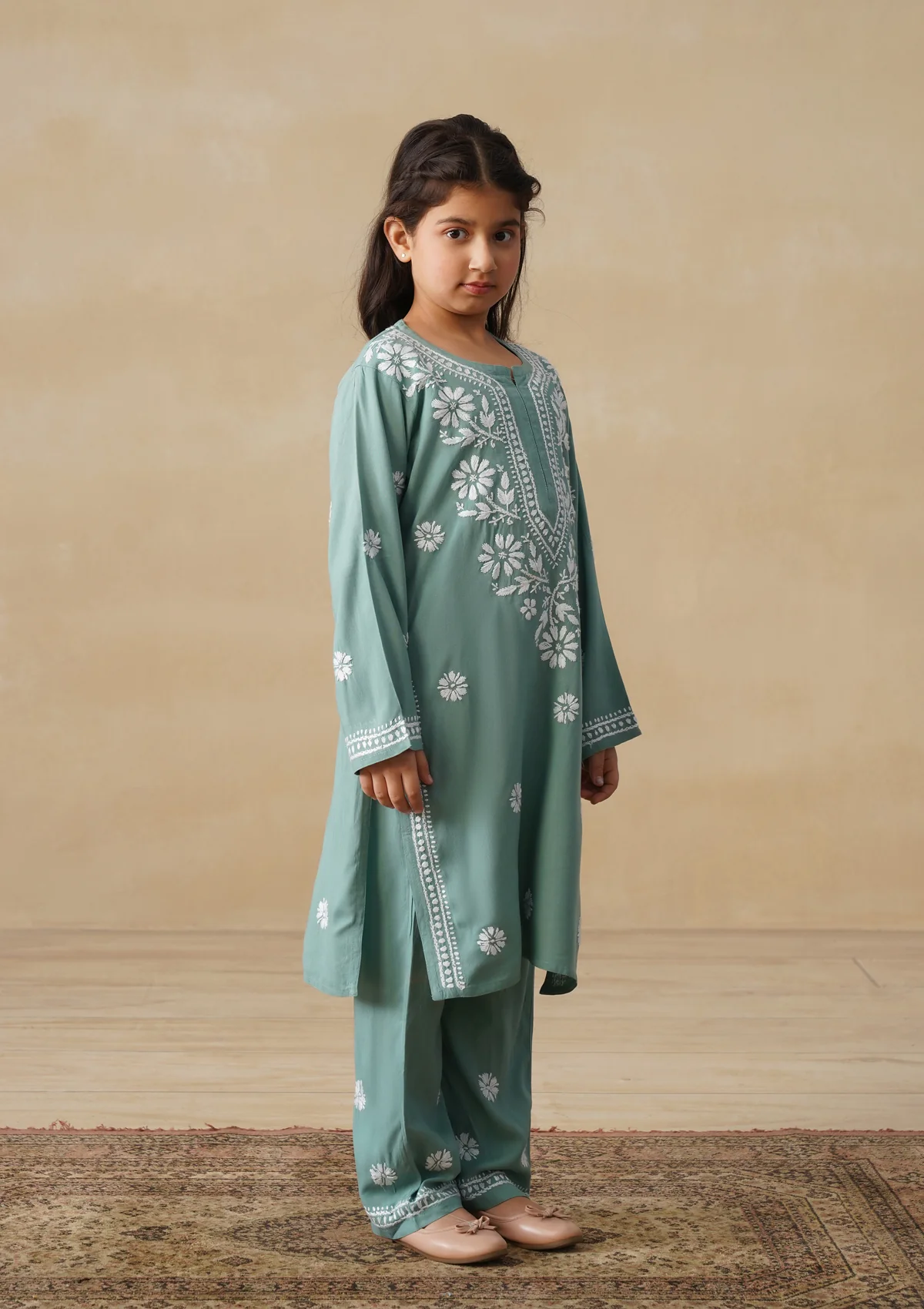 HOC Rayon Chikankari Solid Girls 3 PC Long Kurta Set - Sage Green - Image 4