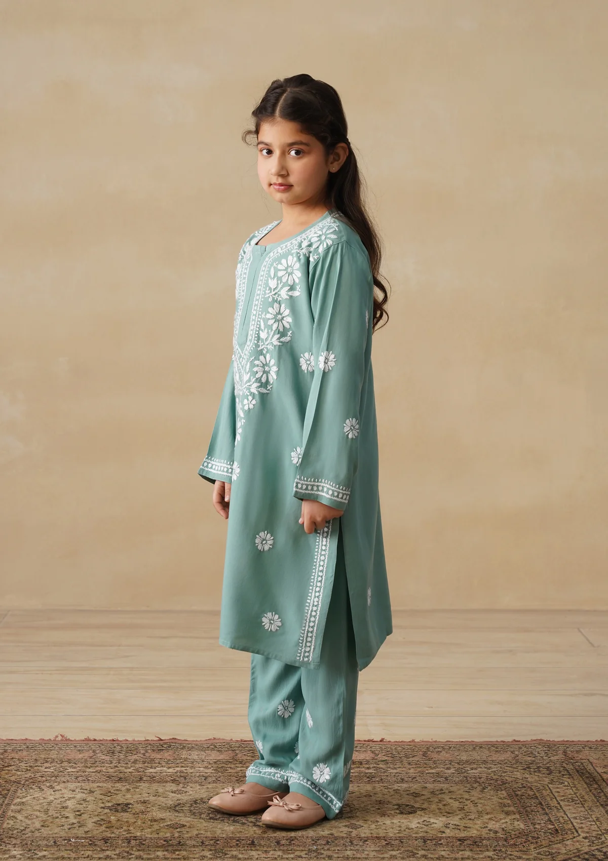 HOC Rayon Chikankari Solid Girls 3 PC Long Kurta Set - Sage Green - Image 5