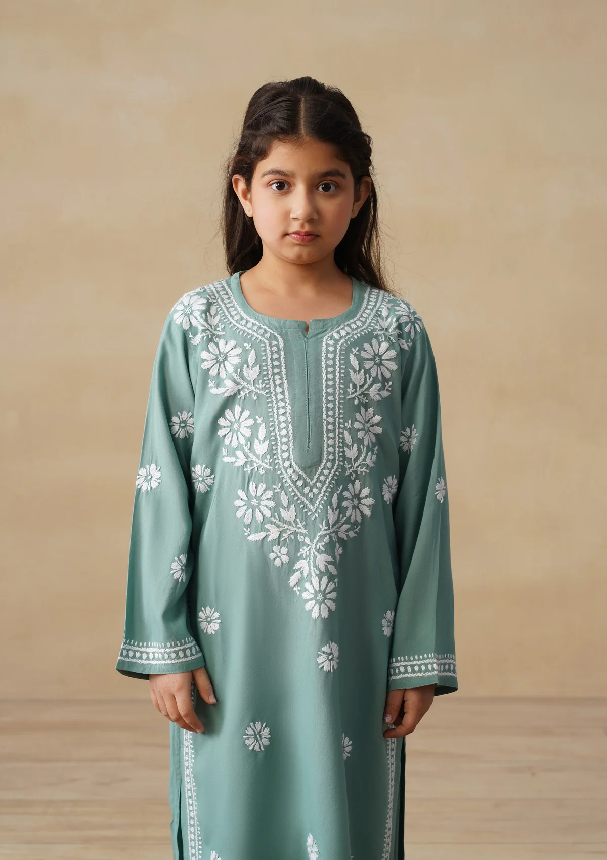 HOC Rayon Chikankari Solid Girls 3 PC Long Kurta Set - Sage Green - Image 6