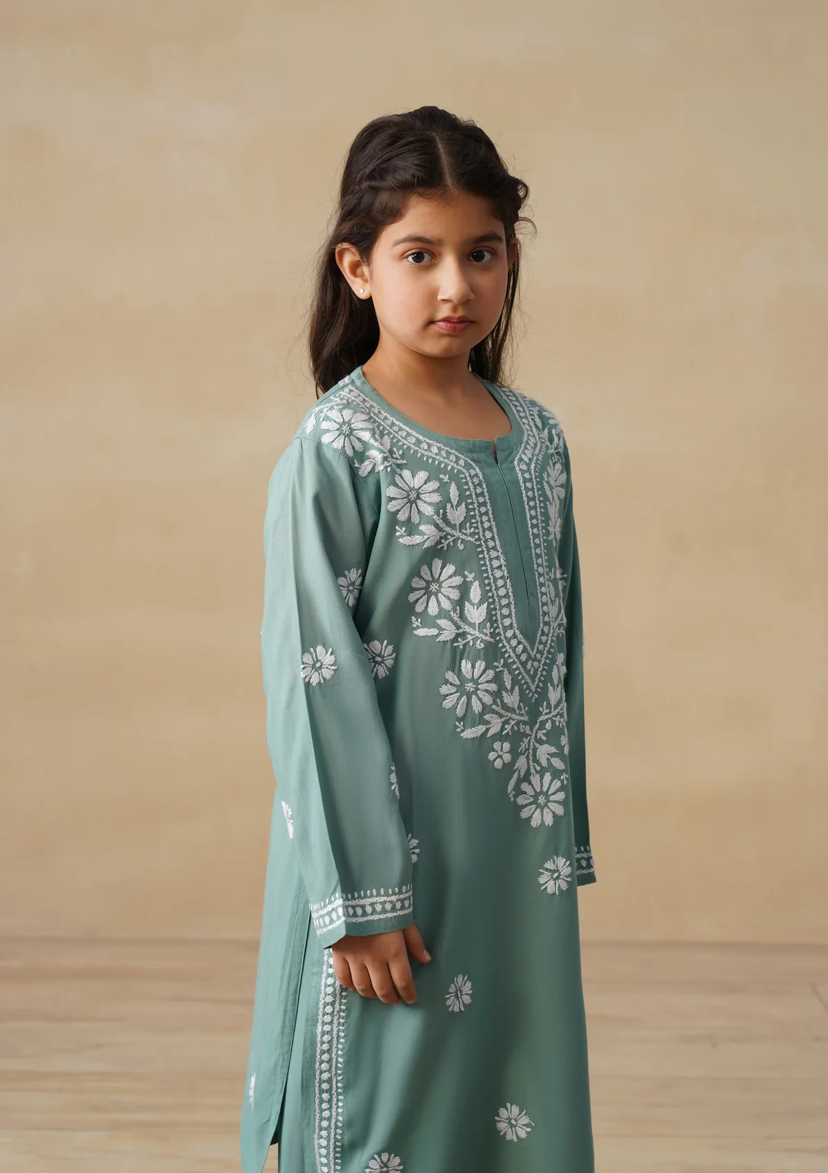HOC Rayon Chikankari Solid Girls 3 PC Long Kurta Set - Sage Green - Image 7