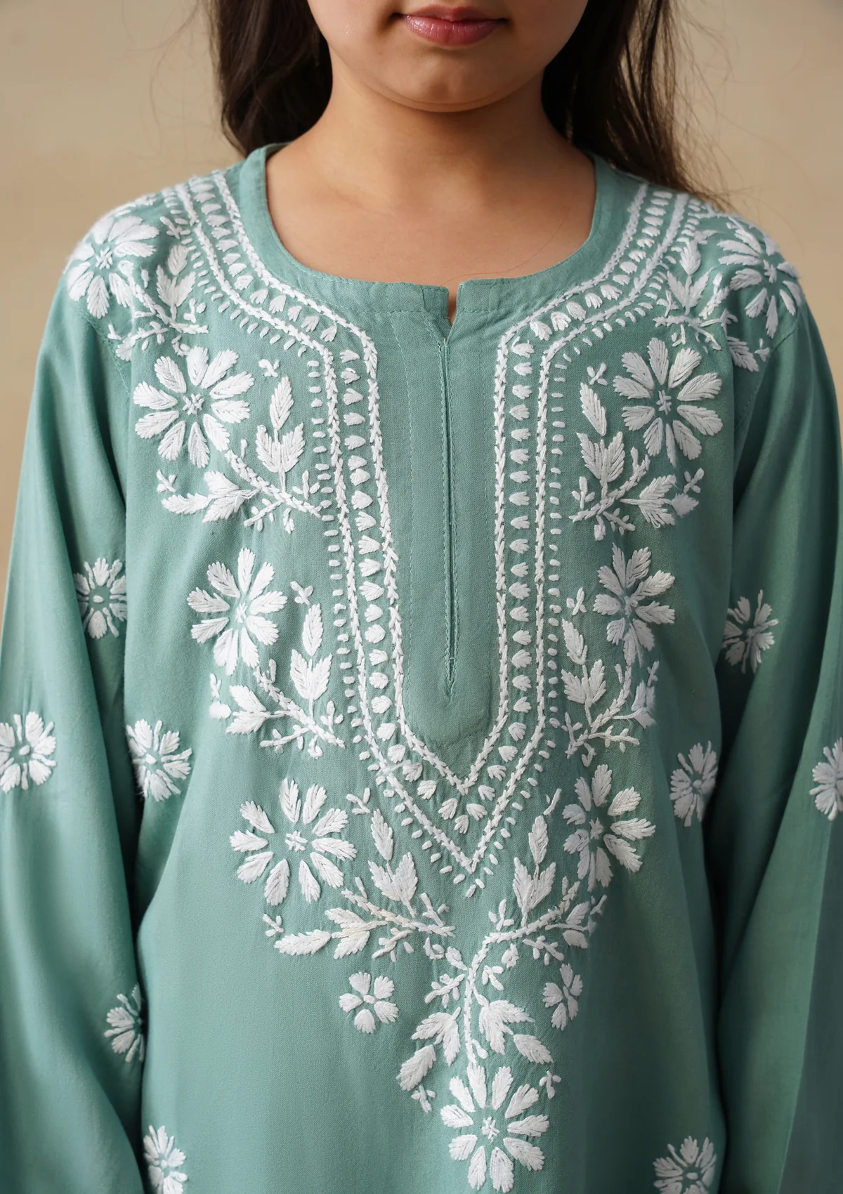 HOC Rayon Chikankari Solid Girls 3 PC Long Kurta Set - Sage Green - Image 9