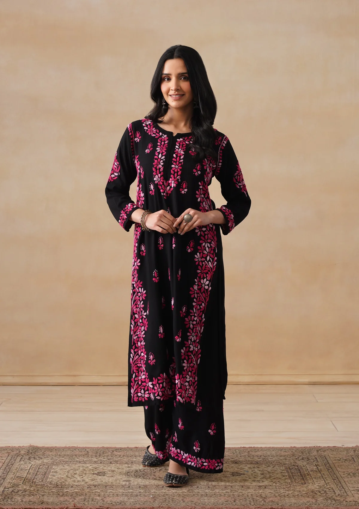 HOC Rayon Chikankari Solid Women's 2 PC Long Kurta Set - Black