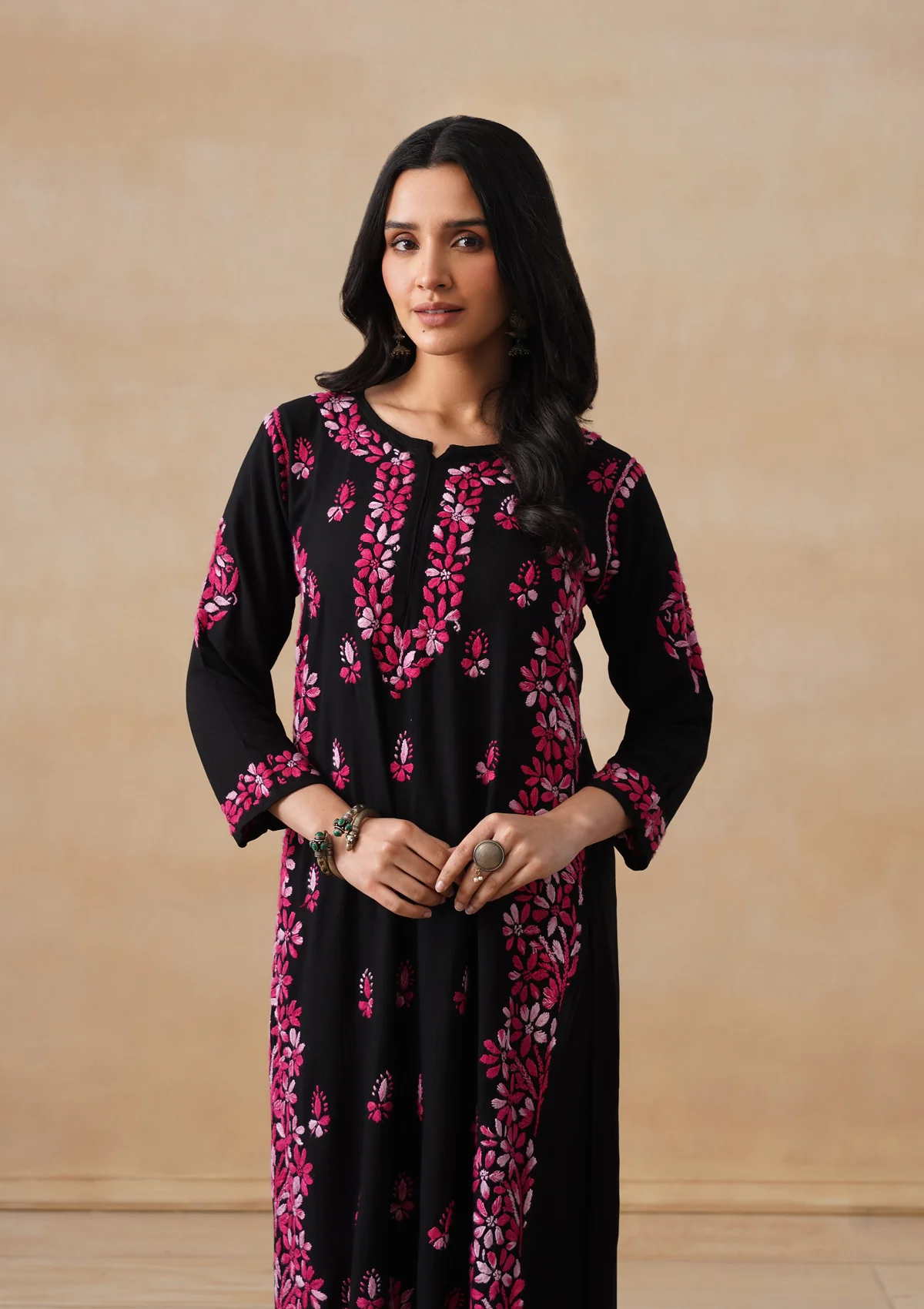 HOC Rayon Chikankari Solid Women's 2 PC Long Kurta Set - Black - Image 5