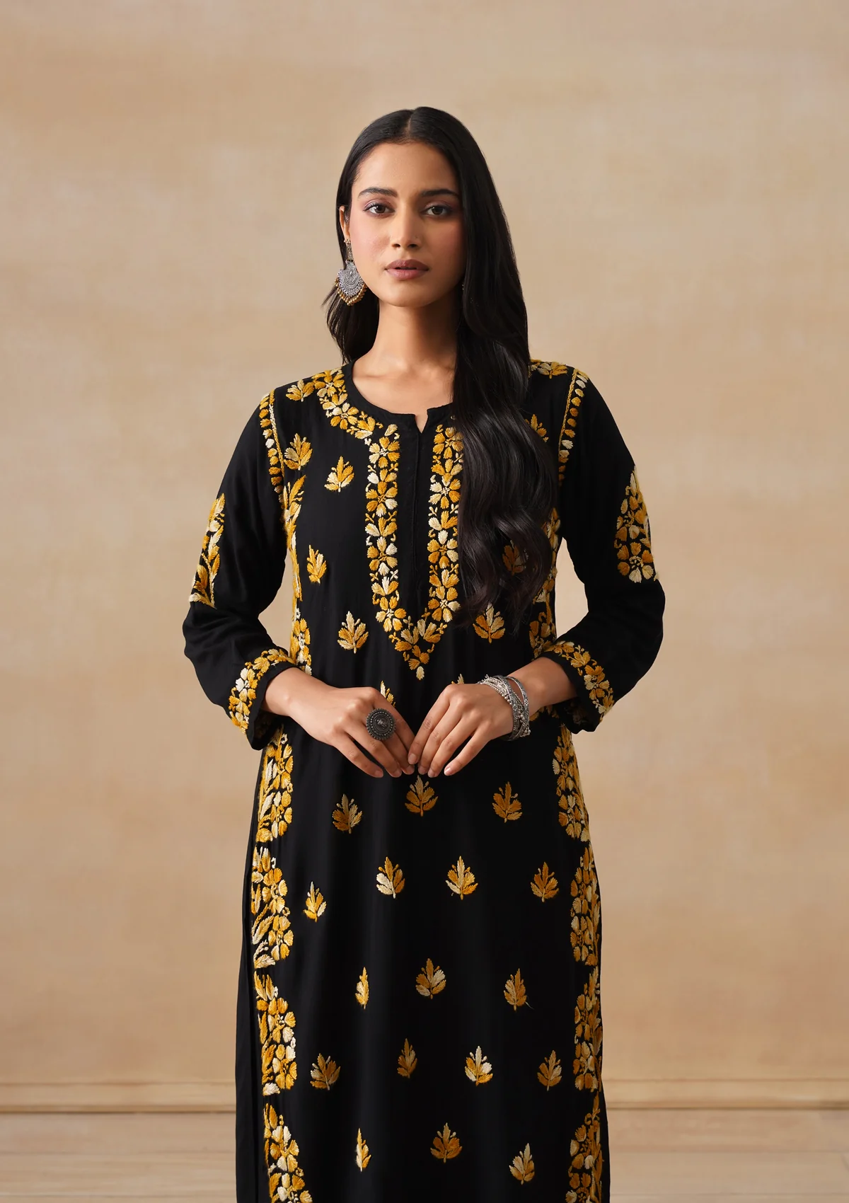 HOC Rayon Chikankari Solid Women's 2 PC Long Kurta Set - Black - Image 2