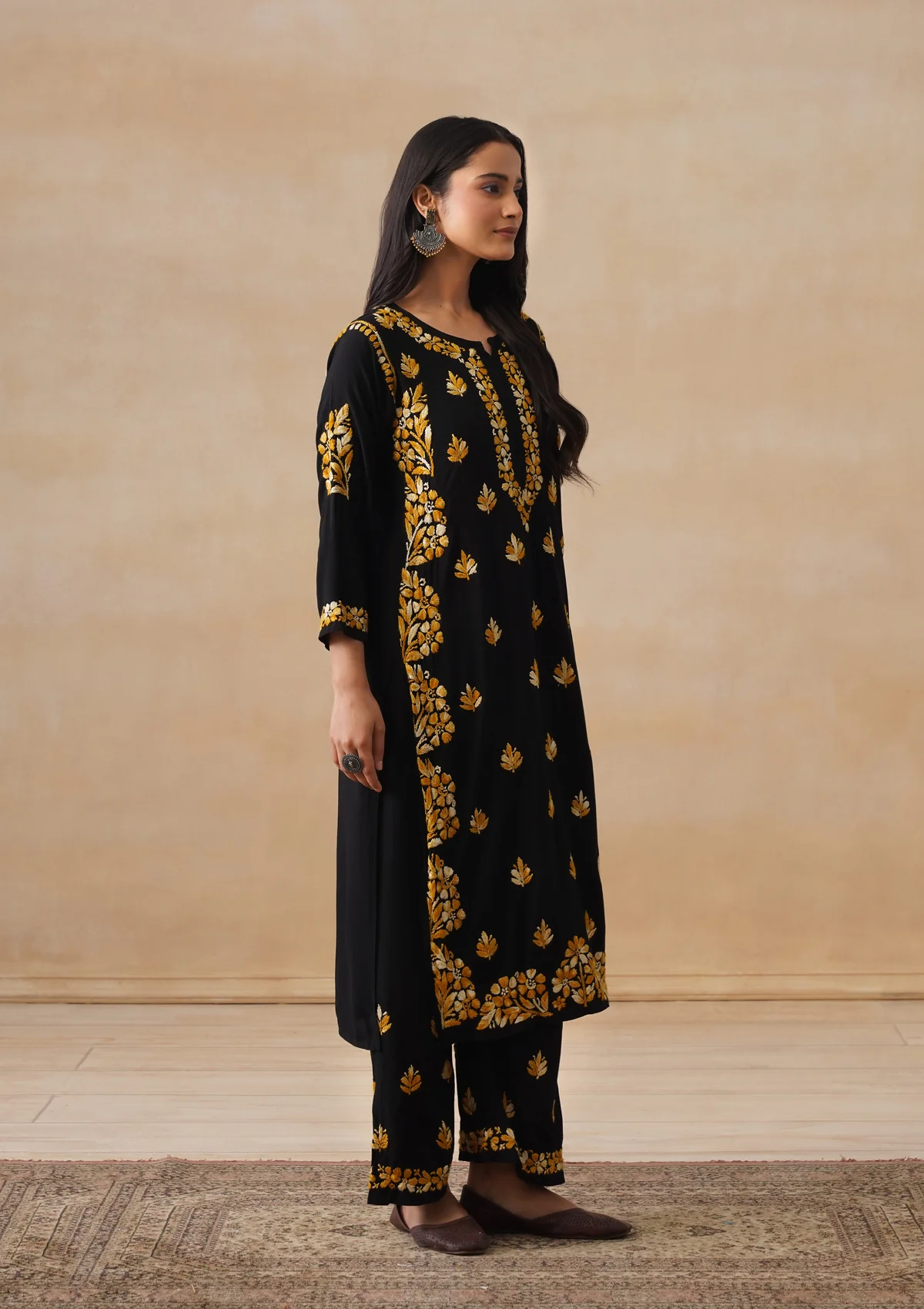 HOC Rayon Chikankari Solid Women's 2 PC Long Kurta Set - Black - Image 5