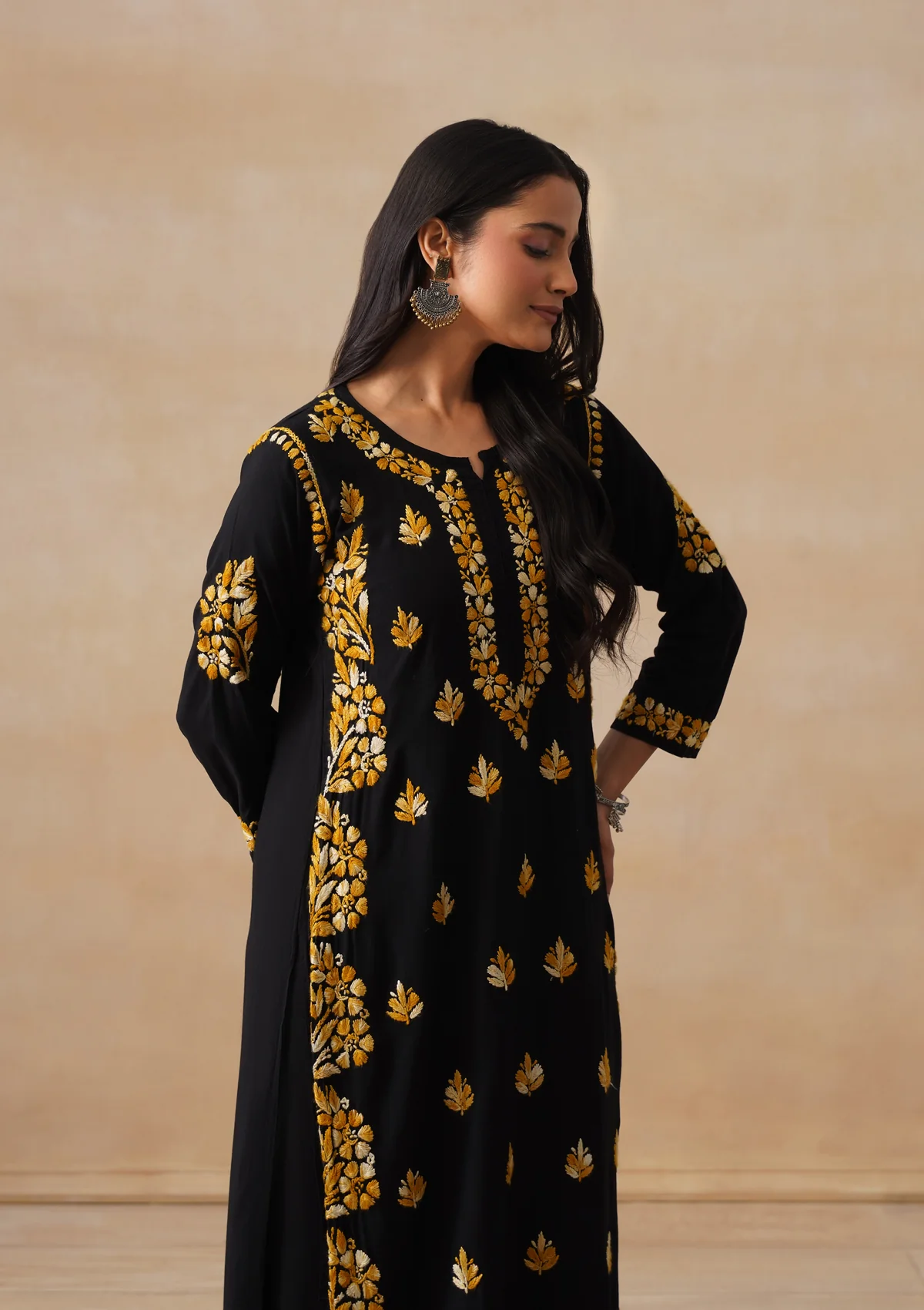 HOC Rayon Chikankari Solid Women's 2 PC Long Kurta Set - Black - Image 8
