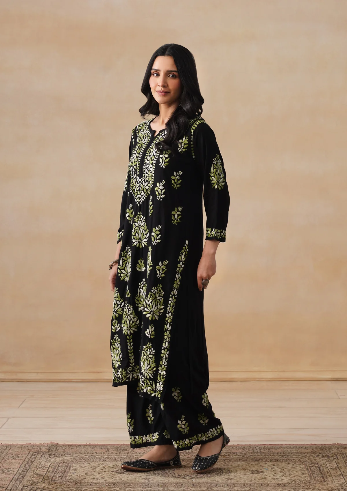 HOC Rayon Chikankari Solid Women's 2 PC Long Kurta Set - Black - Image 3