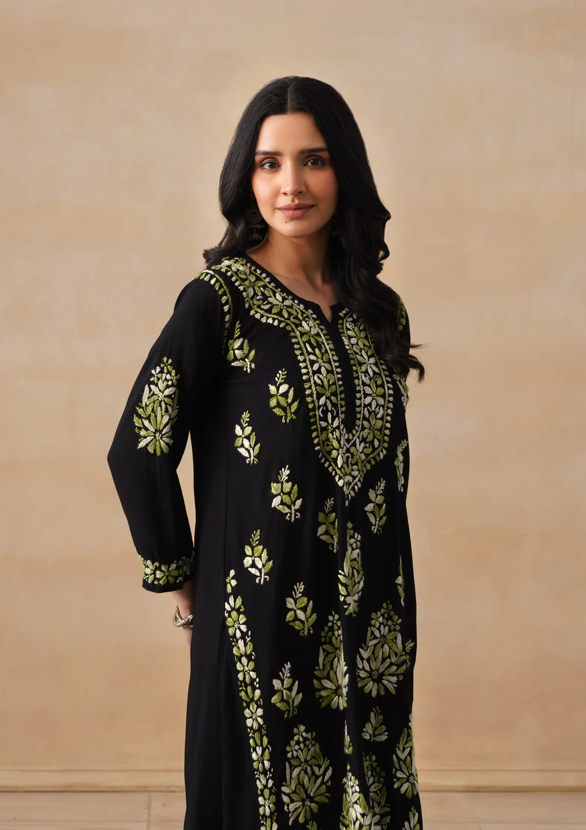 HOC Rayon Chikankari Solid Women's 2 PC Long Kurta Set - Black - Image 9