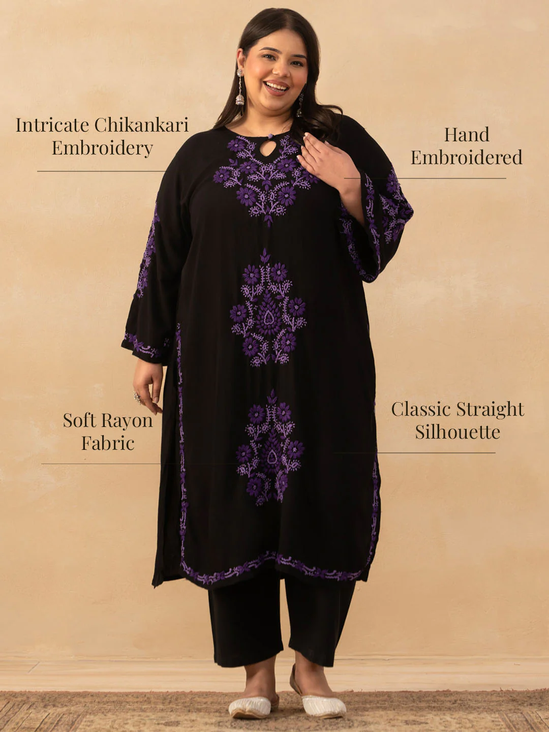 HOC Rayon Chikankari Solid Women's Long Kurta - Black - Image 10