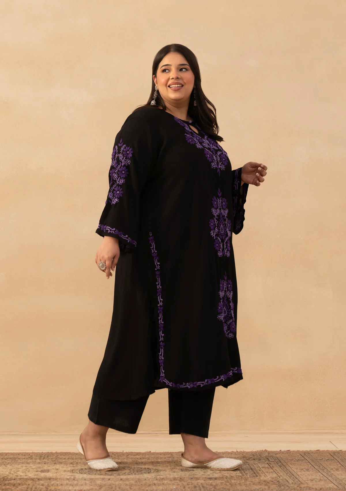 HOC Rayon Chikankari Solid Women's Long Kurta - Black - Image 6