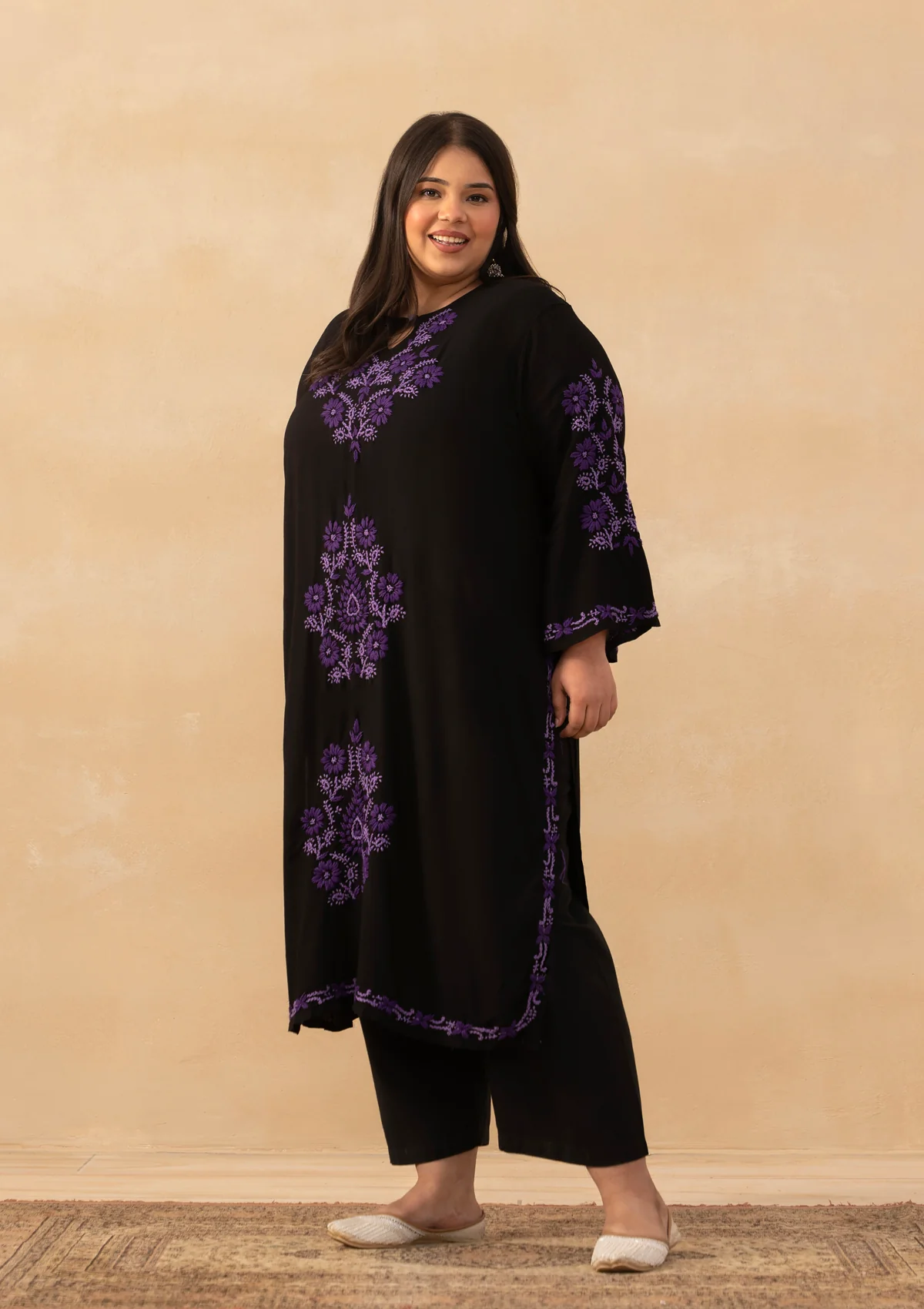 HOC Rayon Chikankari Solid Women's Long Kurta - Black - Image 8