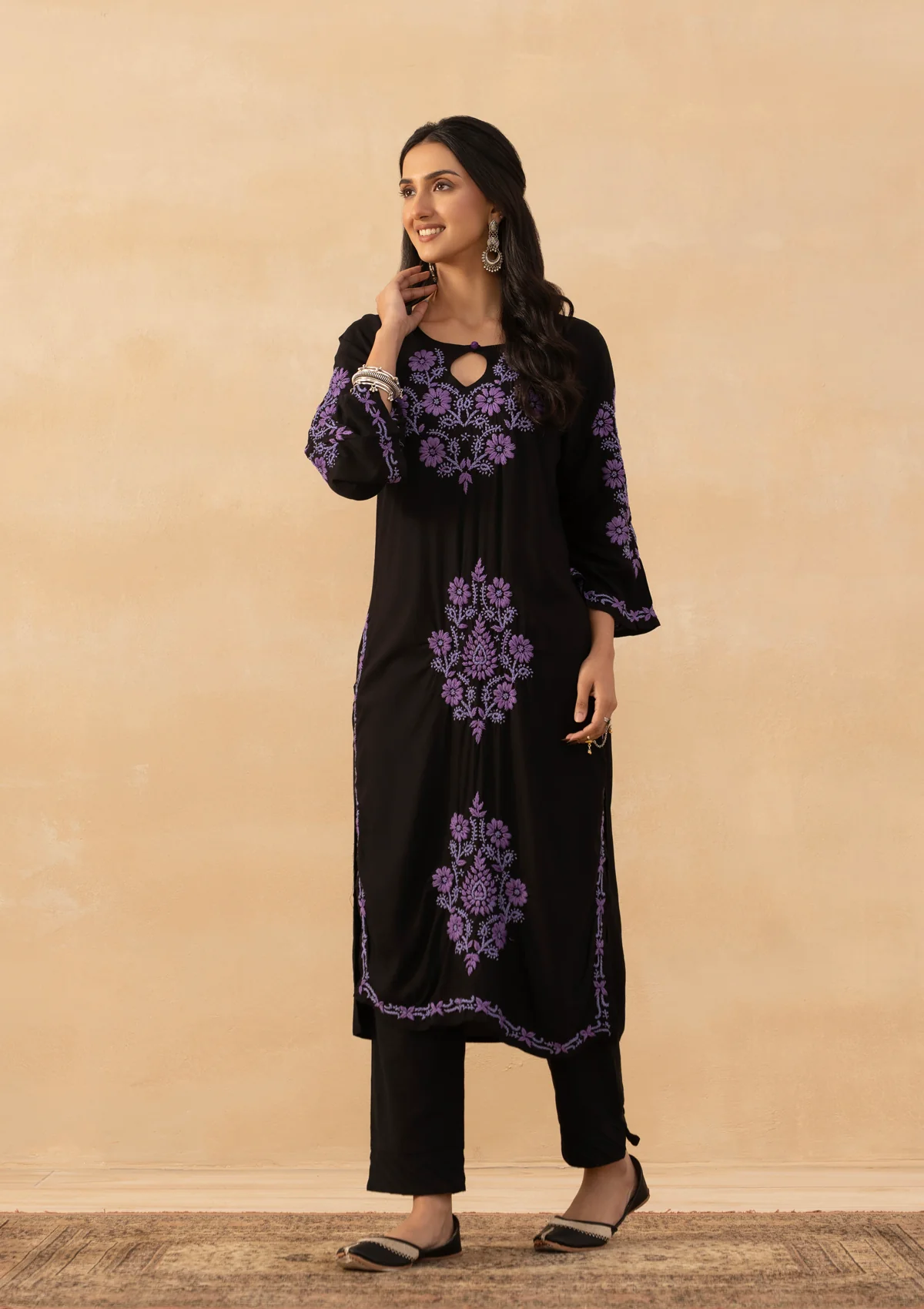 HOC Rayon Chikankari Solid Women's Long Kurta - Black - Image 4