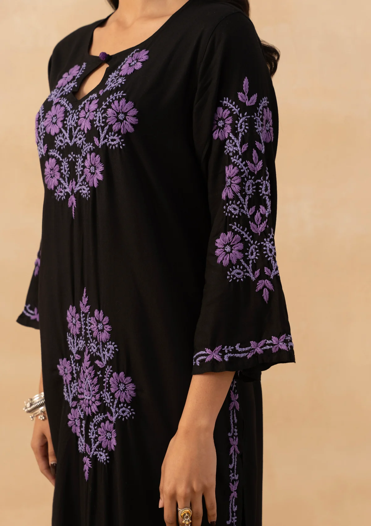 HOC Rayon Chikankari Solid Women's Long Kurta - Black - Image 5