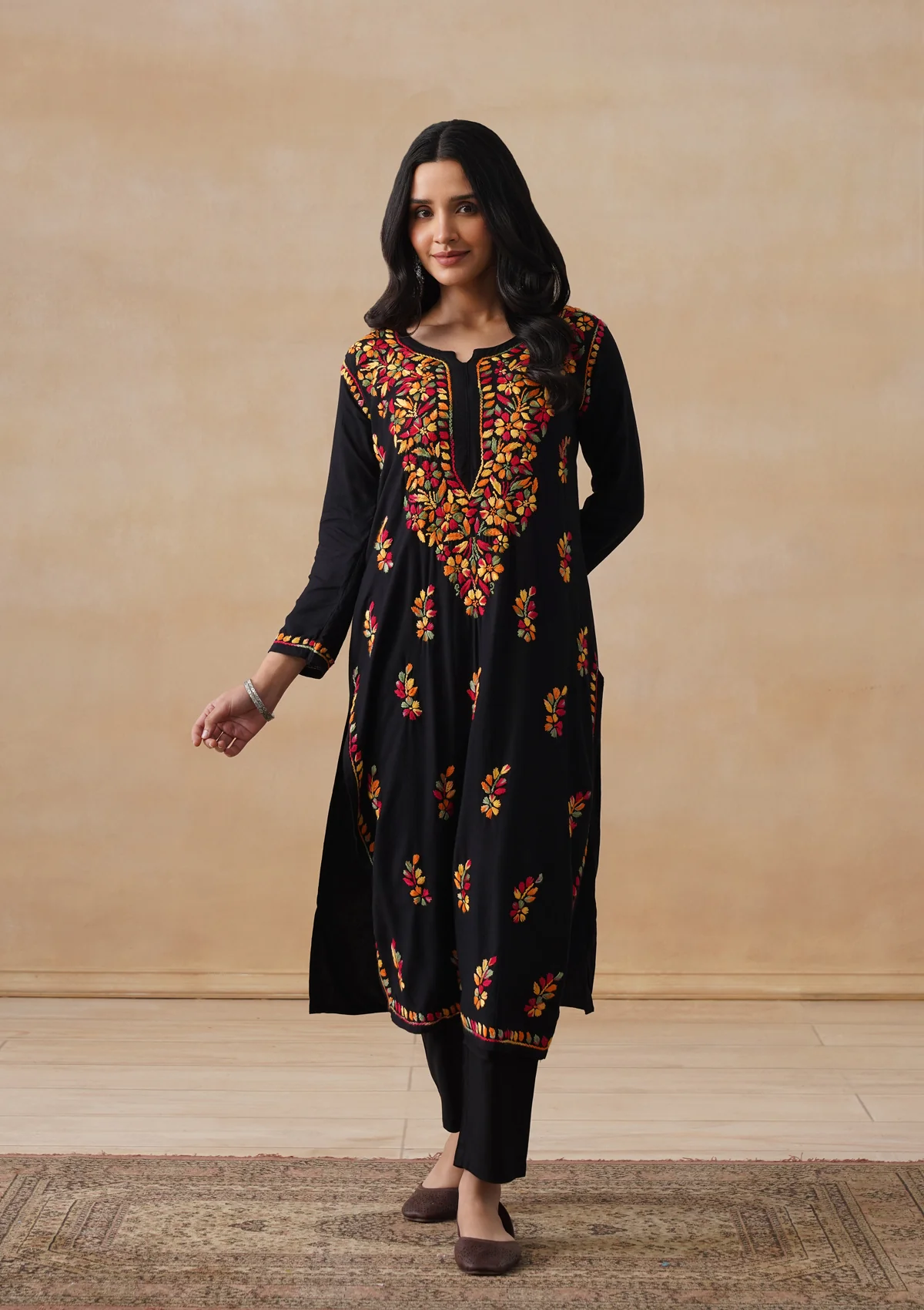 HOC Rayon Chikankari Solid Women's Long Kurta - Black - Image 2