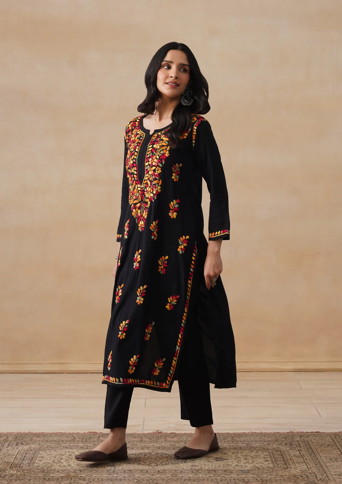 HOC Rayon Chikankari Solid Women's Long Kurta - Black - Image 4