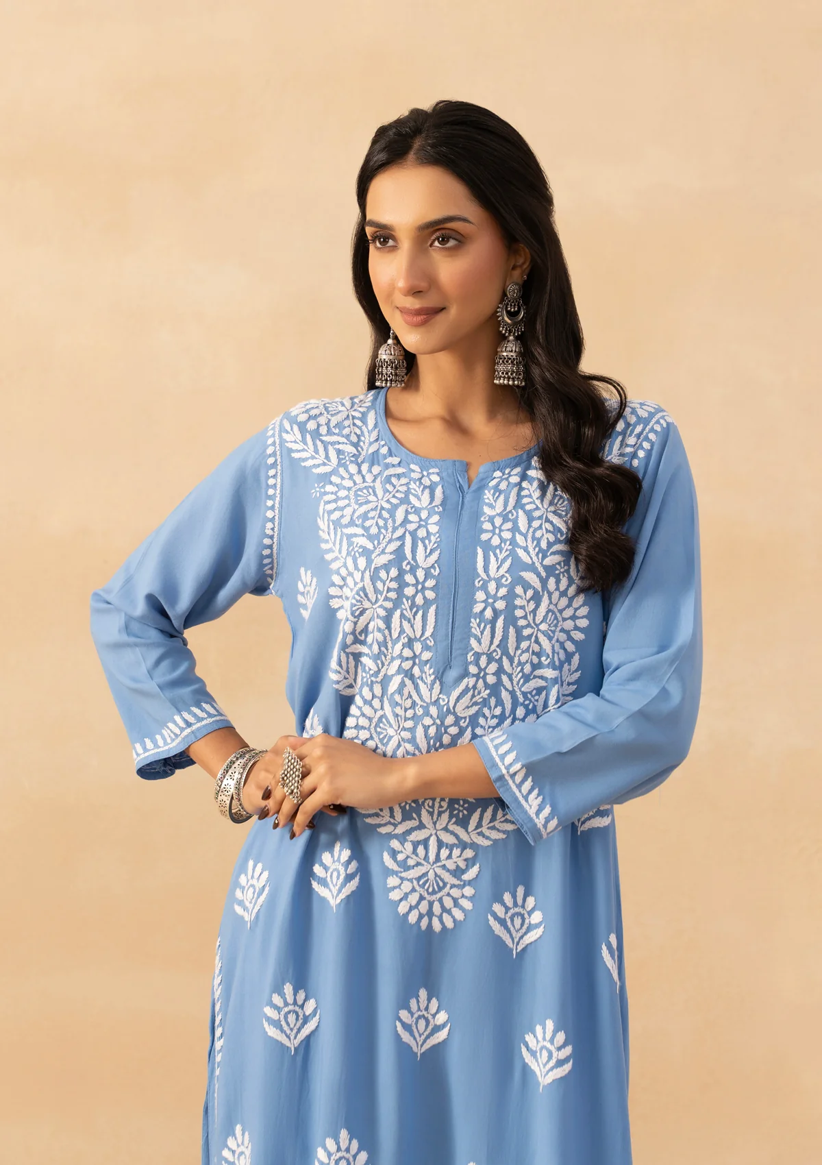 HOC Rayon Chikankari Solid Women's Long Kurta -Blue pastel - Image 2
