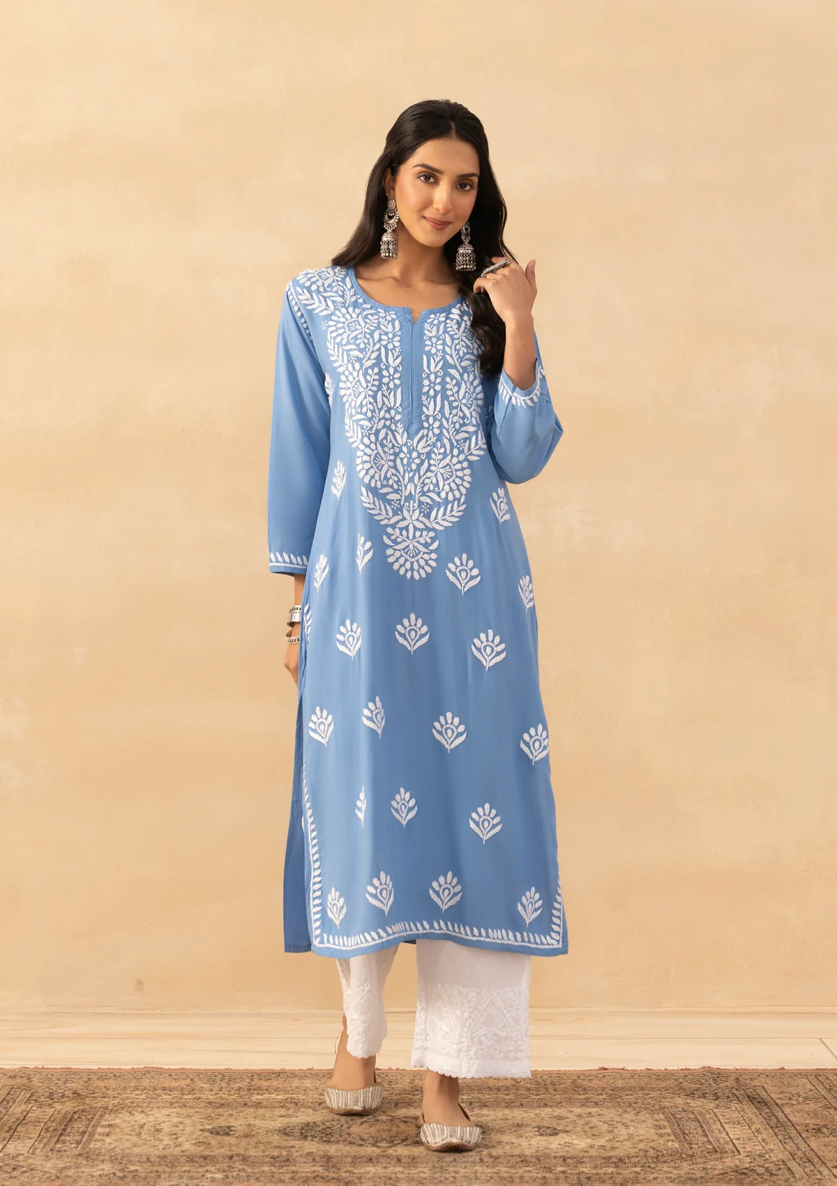 HOC Rayon Chikankari Solid Women's Long Kurta -Blue pastel - Image 3