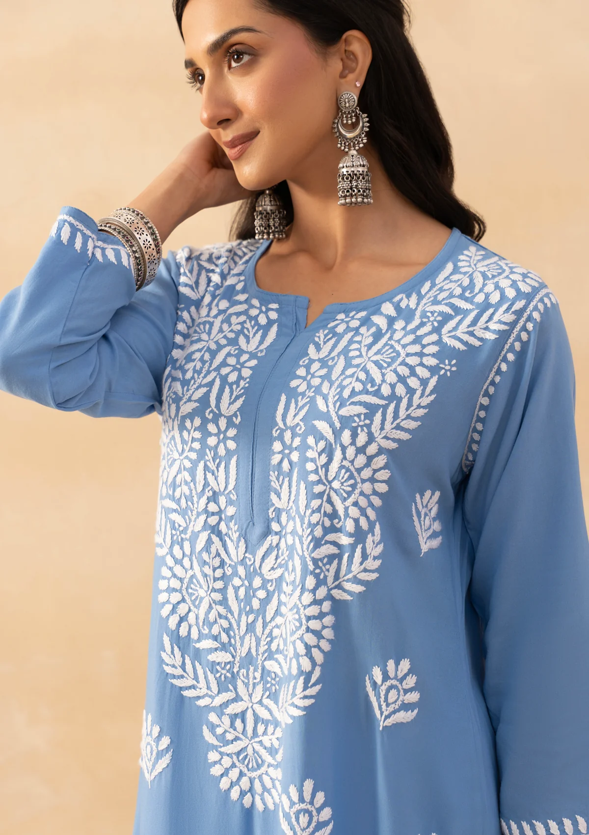 HOC Rayon Chikankari Solid Women's Long Kurta -Blue pastel - Image 5