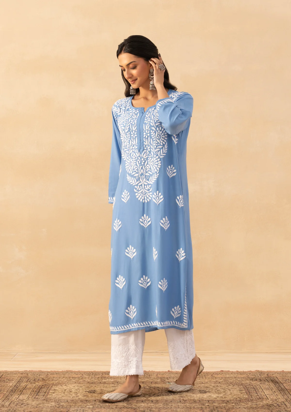 HOC Rayon Chikankari Solid Women's Long Kurta -Blue pastel - Image 6