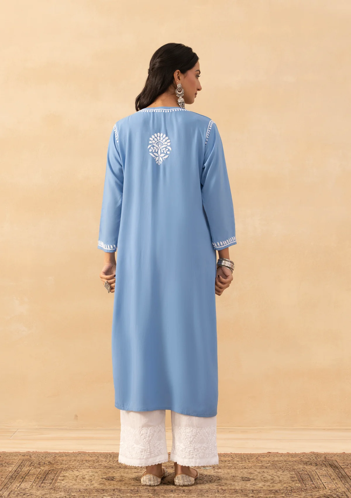HOC Rayon Chikankari Solid Women's Long Kurta -Blue pastel - Image 7