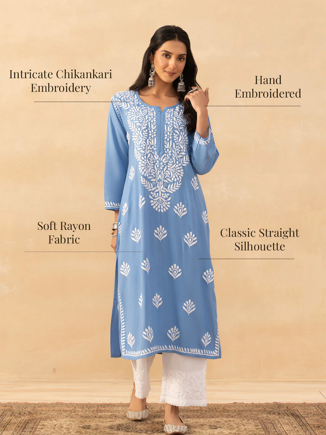 HOC Rayon Chikankari Solid Women's Long Kurta -Blue pastel - Image 8