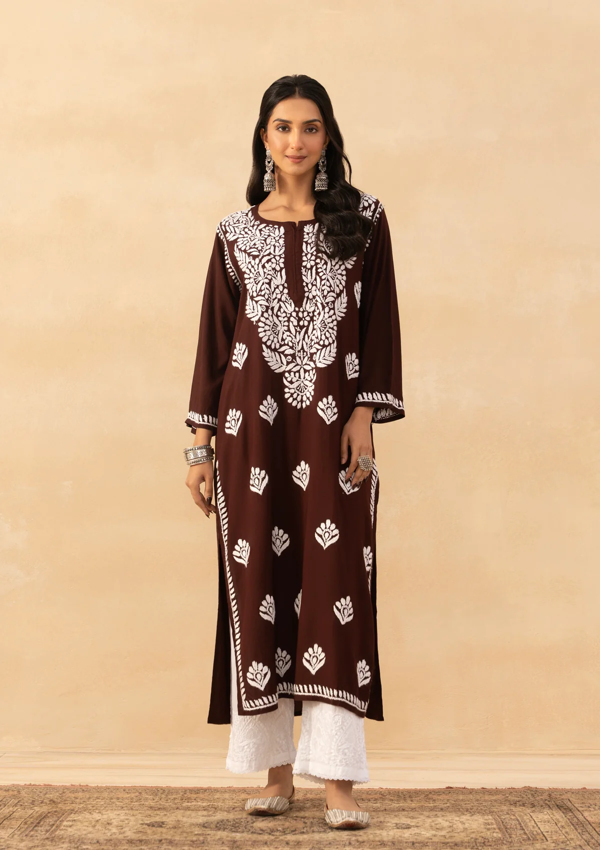 HOC Rayon Chikankari Solid Women's Long Kurta -Brown