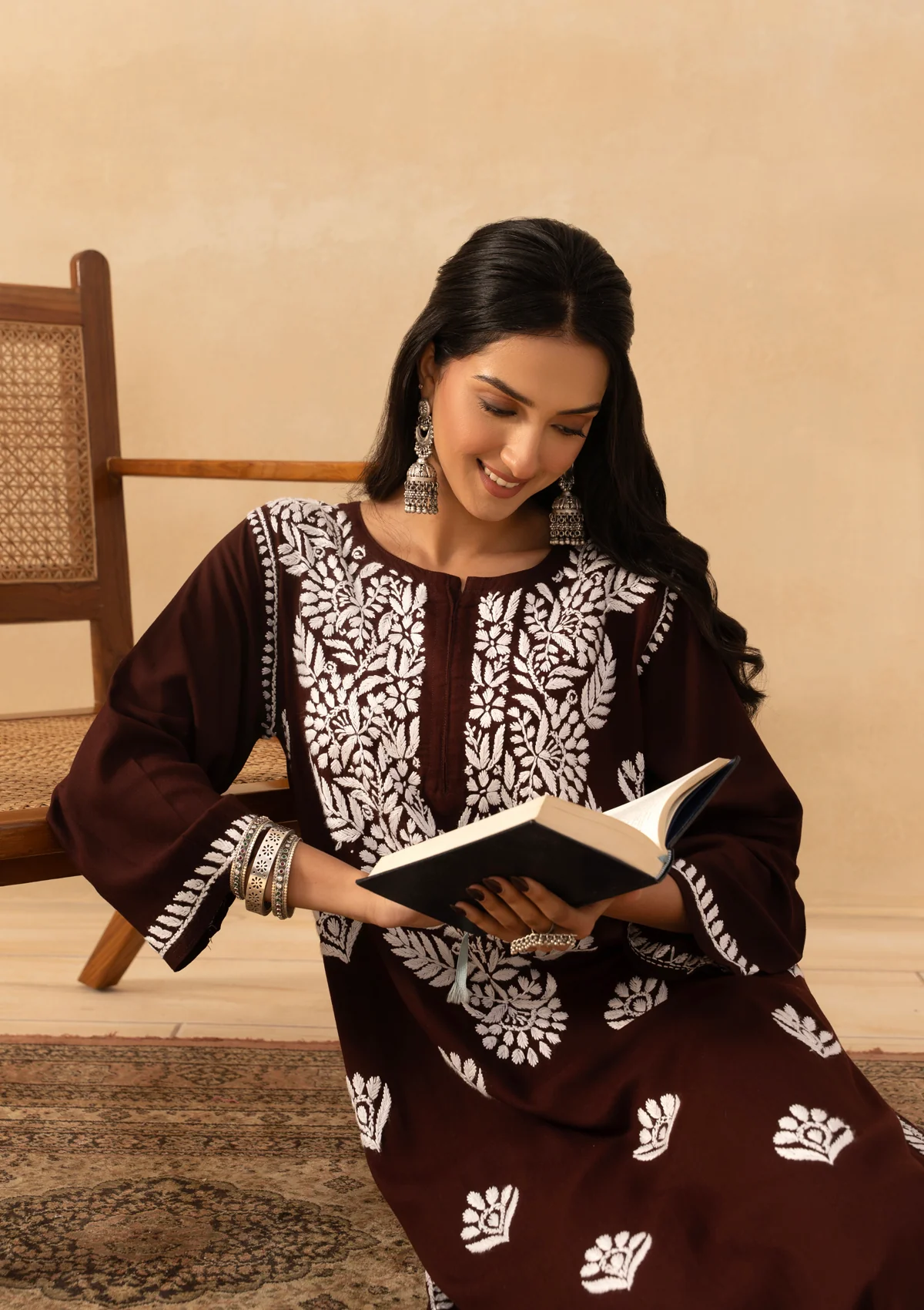HOC Rayon Chikankari Solid Women's Long Kurta -Brown - Image 2