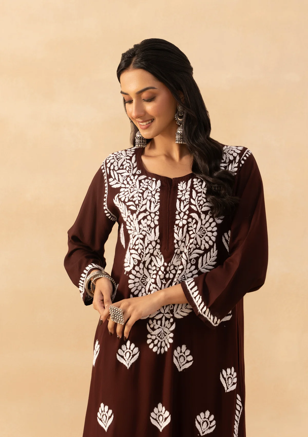 HOC Rayon Chikankari Solid Women's Long Kurta -Brown - Image 4