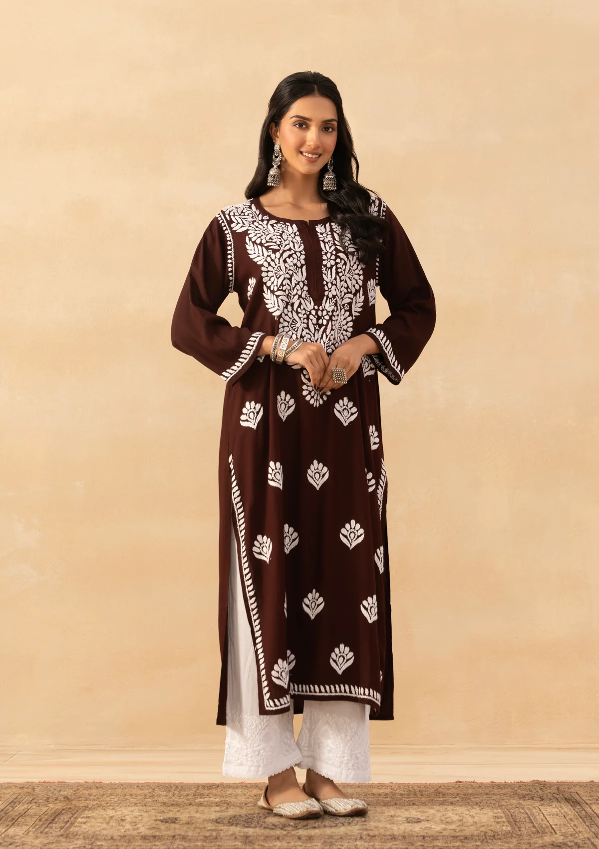 HOC Rayon Chikankari Solid Women's Long Kurta -Brown - Image 5