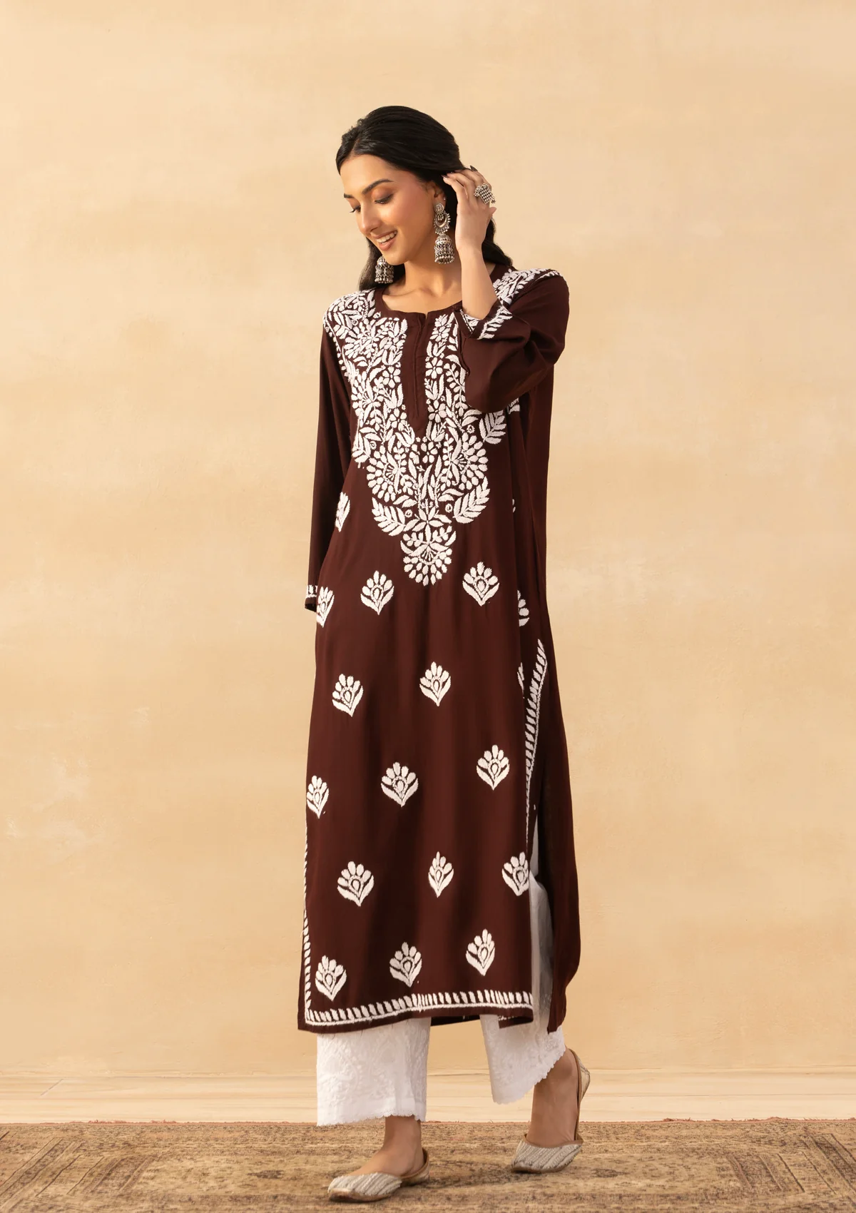 HOC Rayon Chikankari Solid Women's Long Kurta -Brown - Image 7