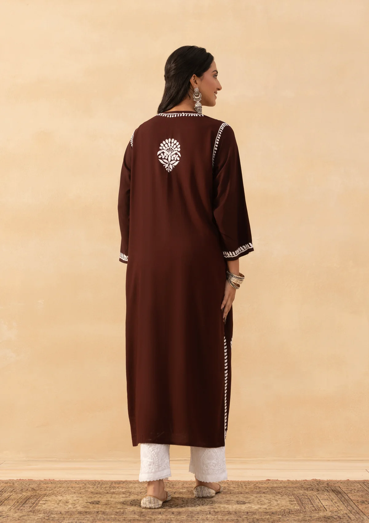HOC Rayon Chikankari Solid Women's Long Kurta -Brown - Image 8