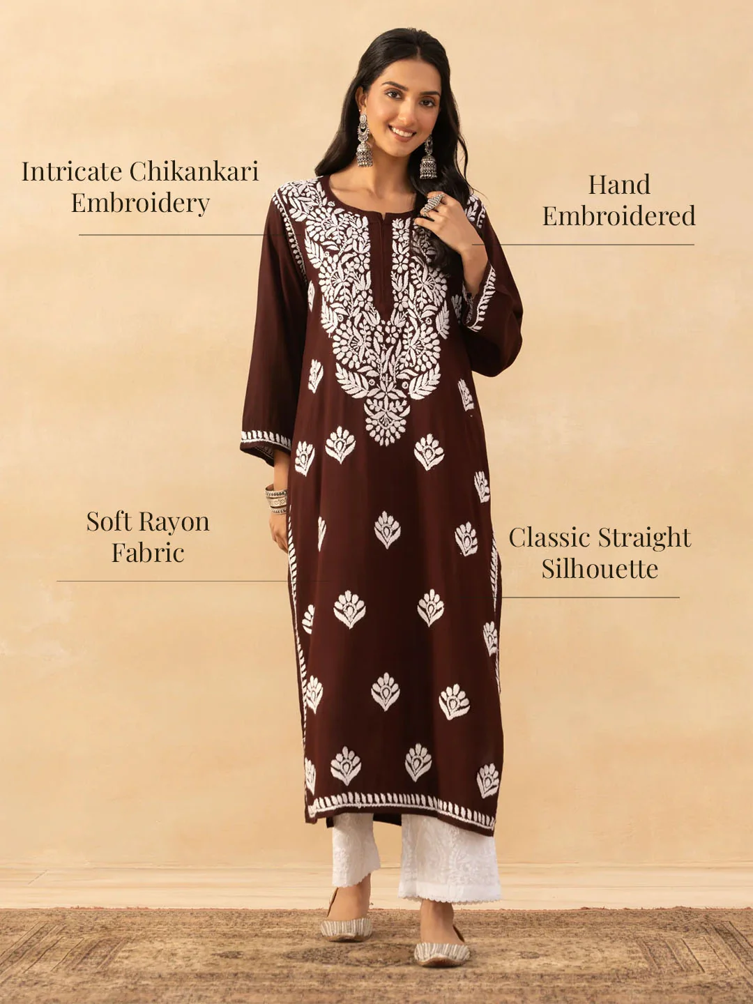 HOC Rayon Chikankari Solid Women's Long Kurta -Brown - Image 9