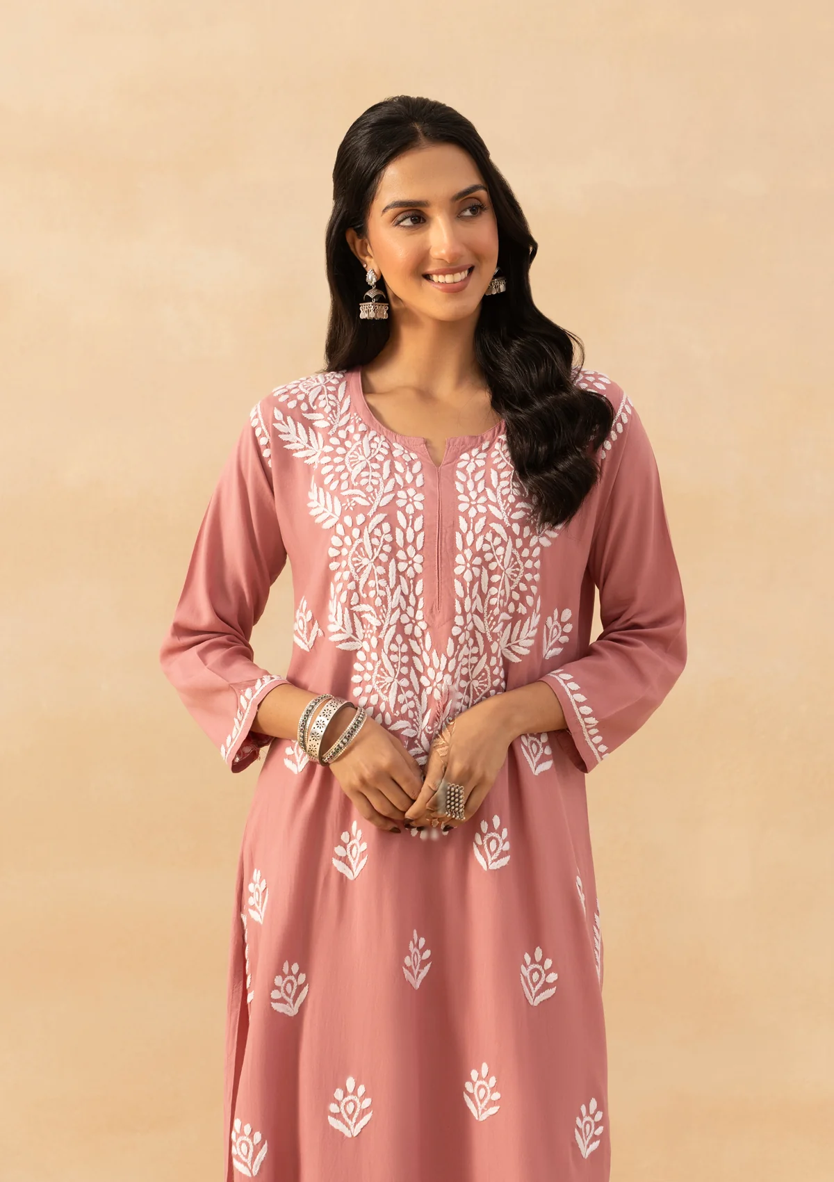 HOC Rayon Chikankari Solid Women's Long Kurta -Dust pink - Image 2