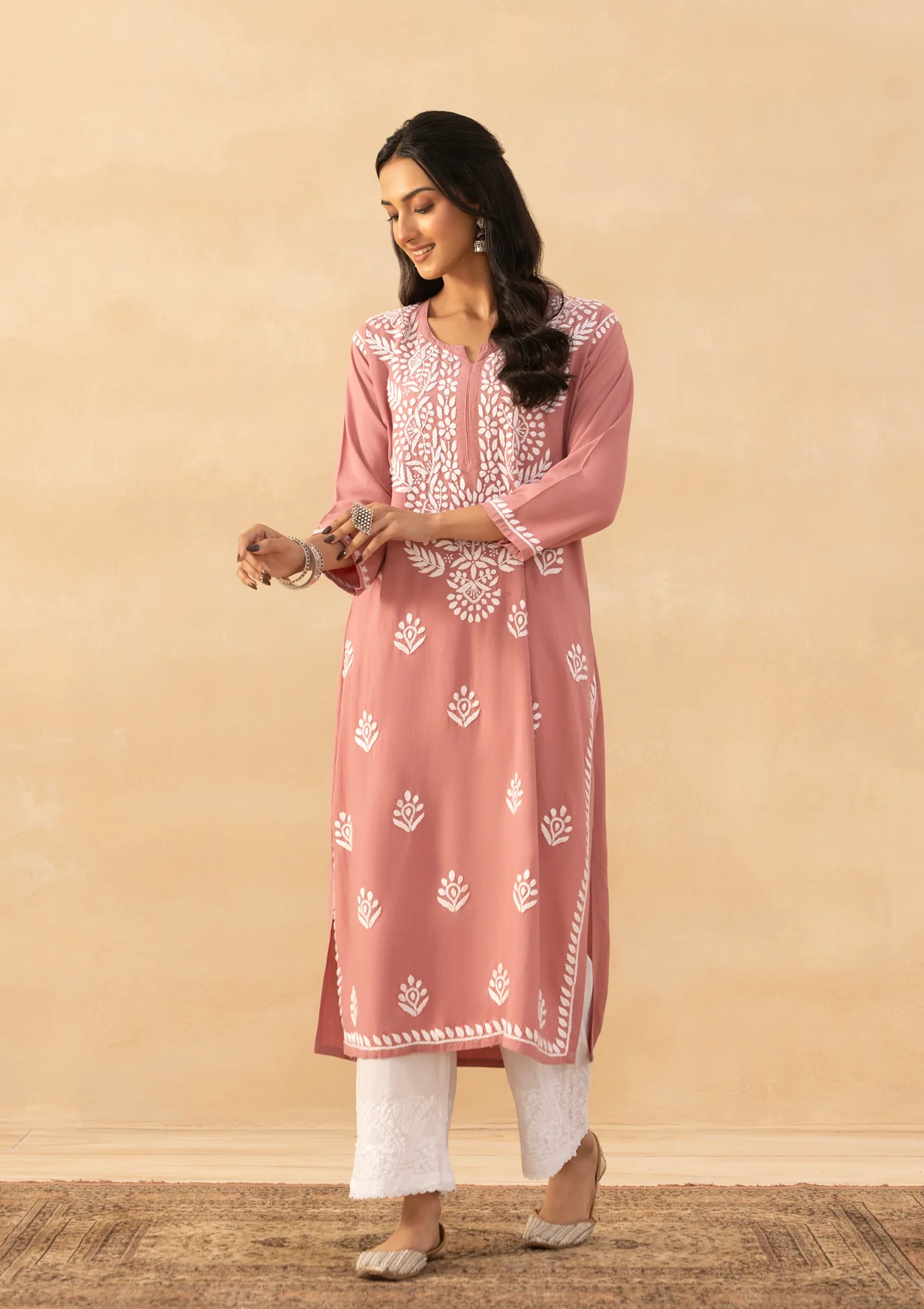 HOC Rayon Chikankari Solid Women's Long Kurta -Dust pink - Image 3