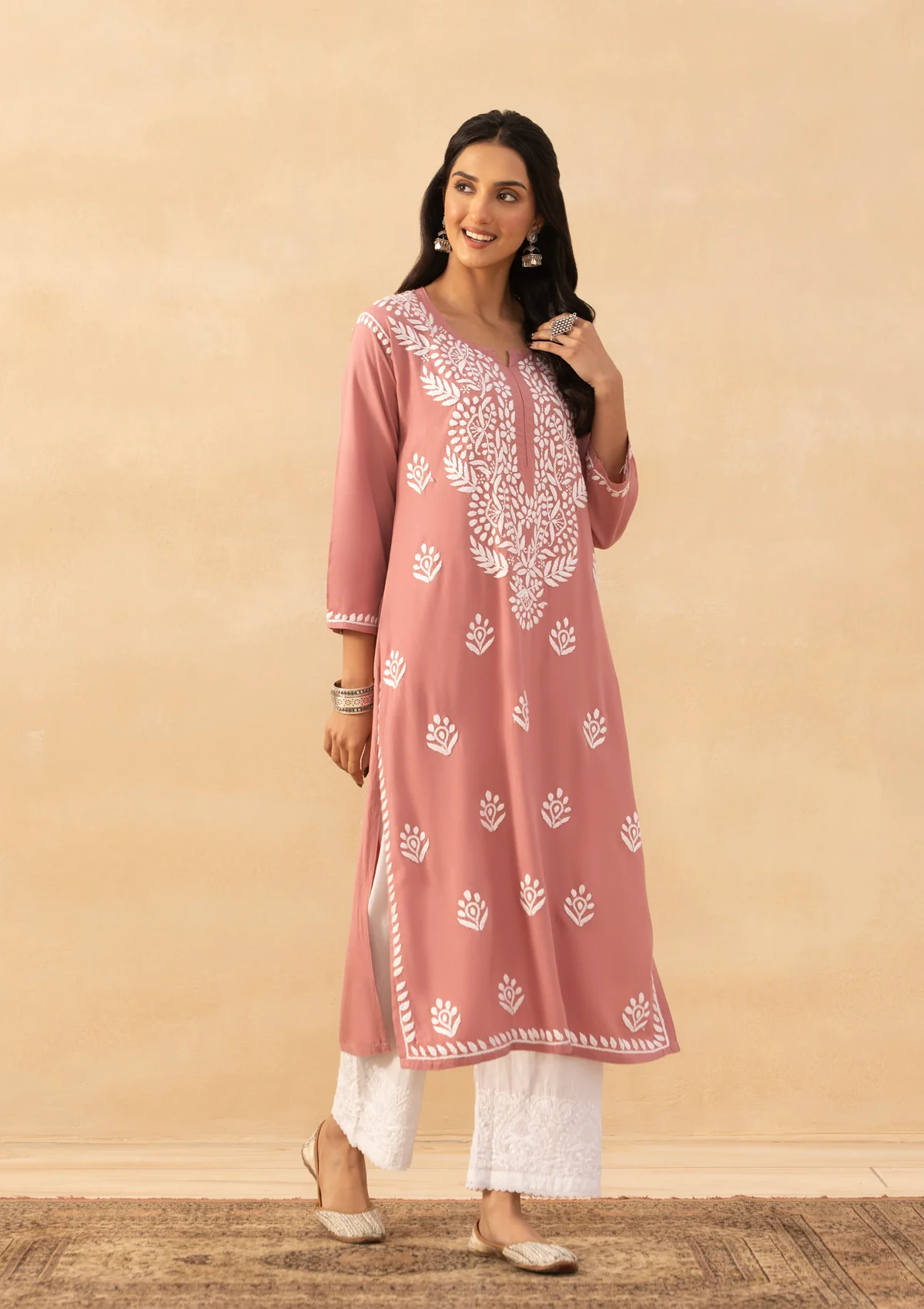 HOC Rayon Chikankari Solid Women's Long Kurta -Dust pink - Image 4