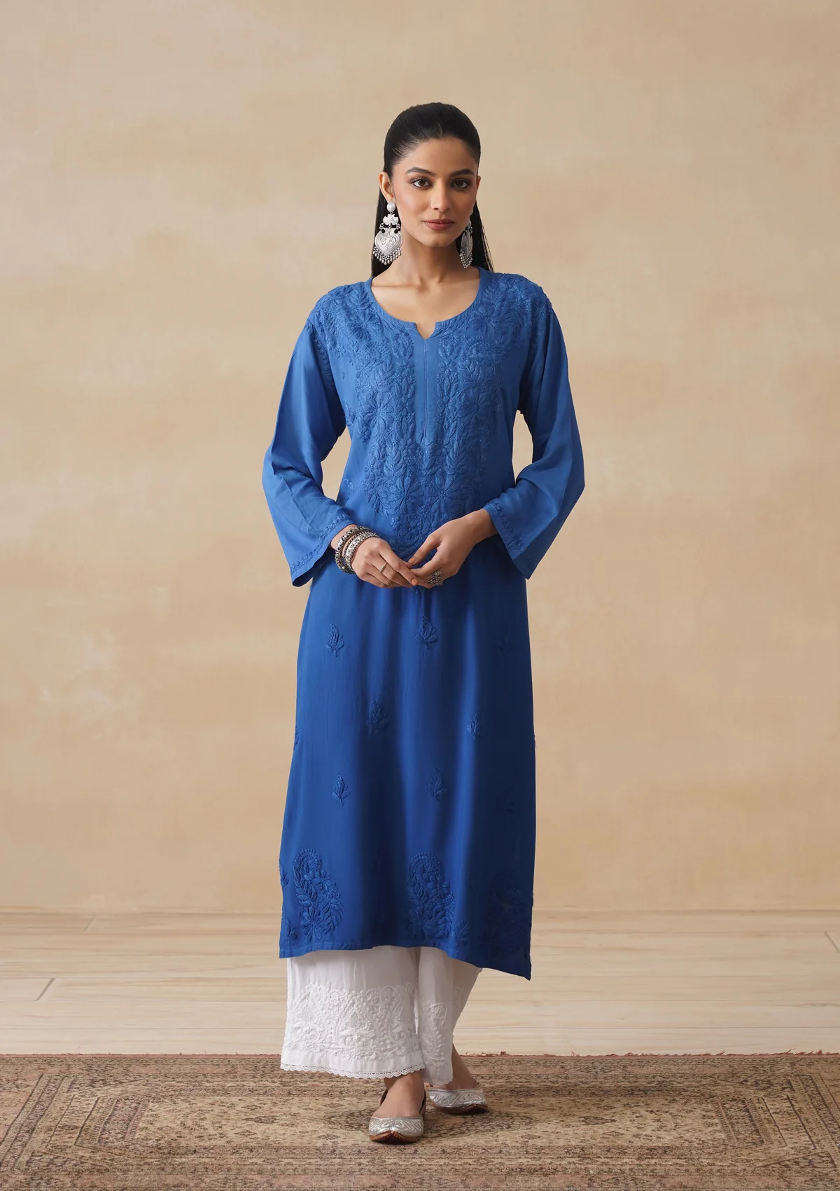 HOC Rayon Chikankari Solid Women's Long Kurta - Electric blue
