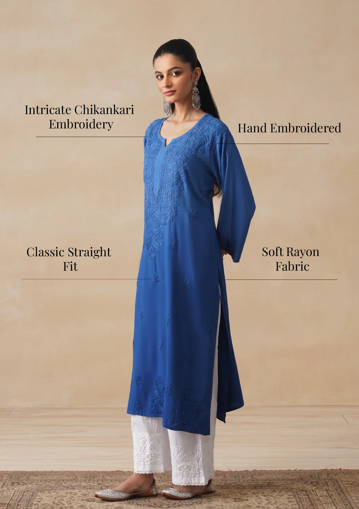 HOC Rayon Chikankari Solid Women's Long Kurta - Electric blue - Image 10