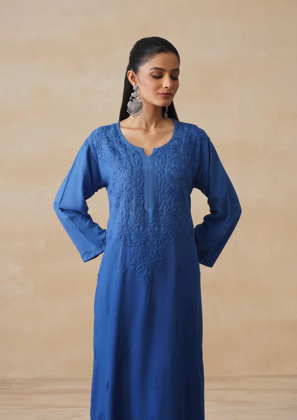 HOC Rayon Chikankari Solid Women's Long Kurta - Electric blue - Image 2