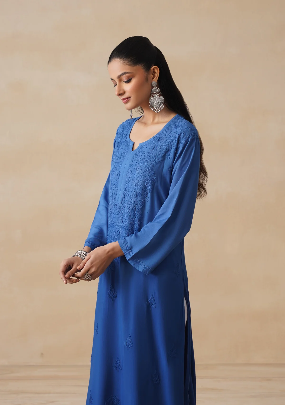 HOC Rayon Chikankari Solid Women's Long Kurta - Electric blue - Image 3