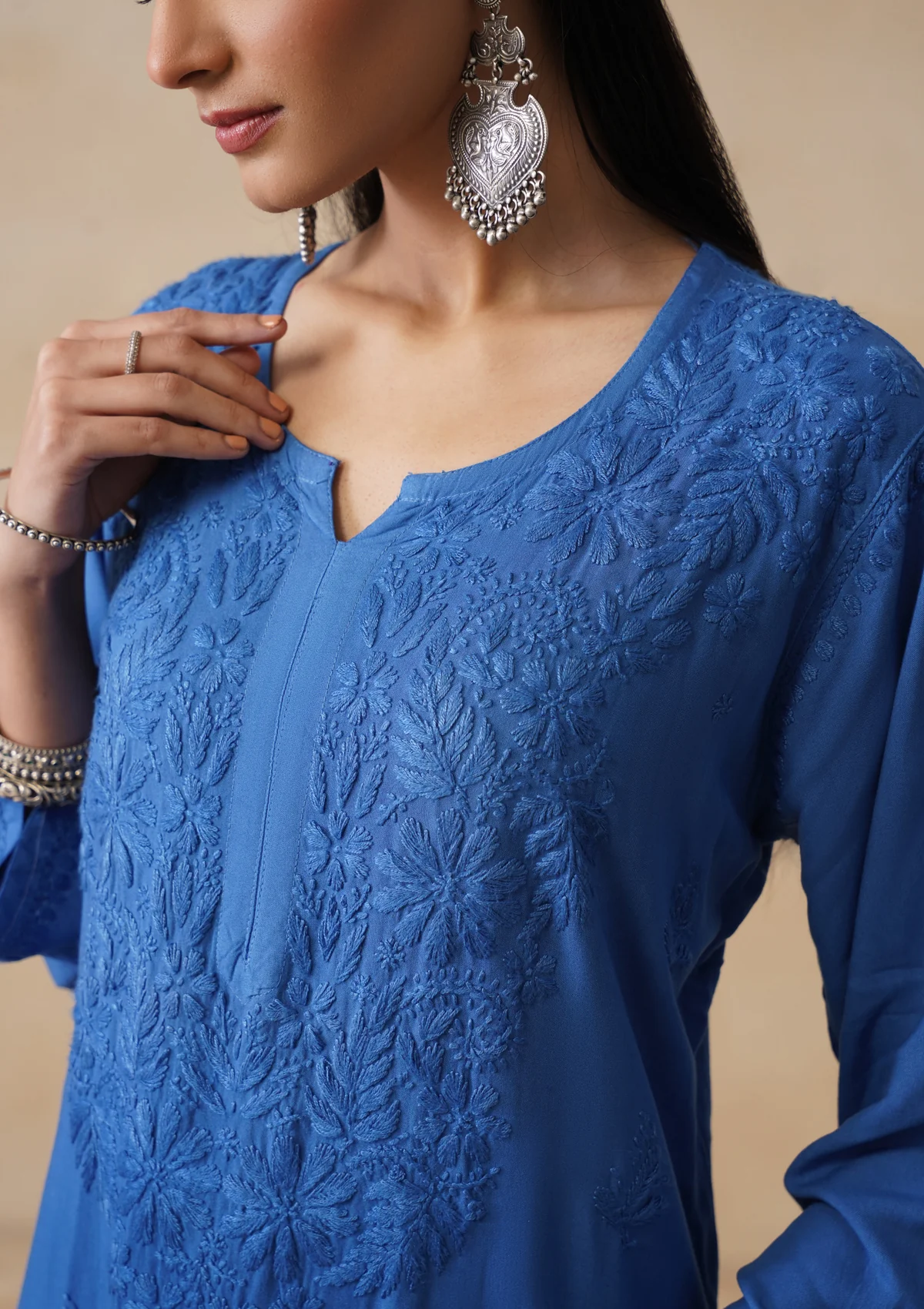 HOC Rayon Chikankari Solid Women's Long Kurta - Electric blue - Image 5
